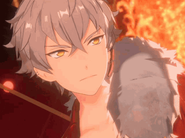 a close up of a anime character with gray hair