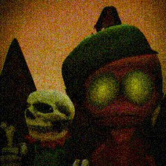 a cartoon character with glowing eyes and a green hat