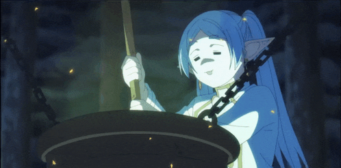 a cartoon character with blue hair is chained to a barrel