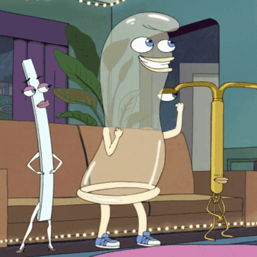 a cartoon of a condom standing next to another cartoon character