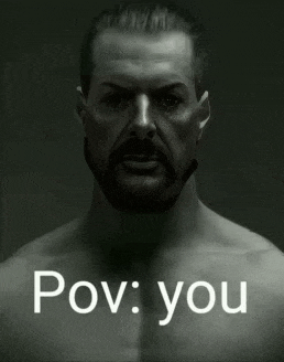 a black and white photo of a shirtless man with the words pov : you written on the bottom .