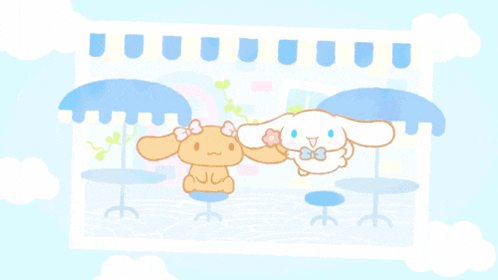 a cartoon illustration of two bunny rabbits in front of a store with tables and umbrellas