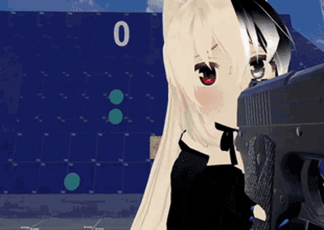 a cartoon girl is holding a gun in front of a blue wall with the number 0 on it