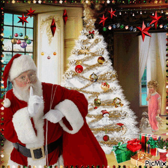 a picture of santa claus standing in front of a christmas tree with gifts