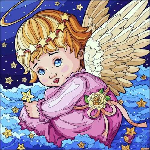 a cartoon illustration of a baby angel holding a star in her hand