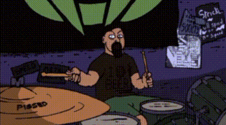 a cartoon of a man playing drums with a sign that says stick