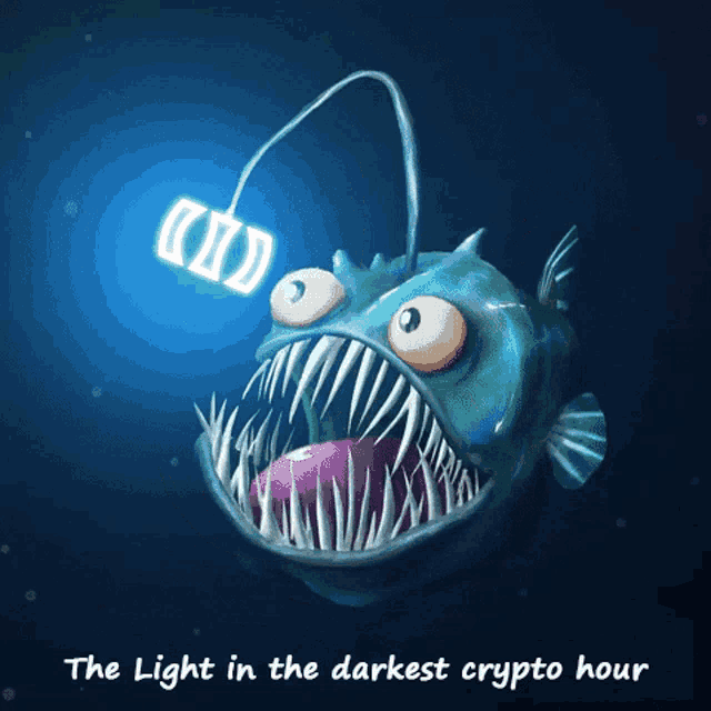 a cartoon fish with a light attached to its head and the words the light in the darkest crypto hour below it
