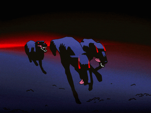 a painting of three dogs with red eyes