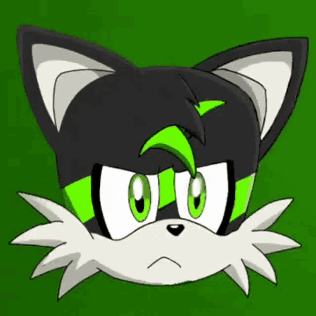 a cartoon drawing of a black and white cat with green eyes
