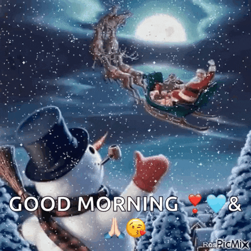 a snowman is blowing a kiss in front of a sleigh with santa in it .