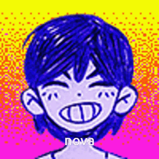 a pixel art drawing of a boy with blue hair and a big smile .