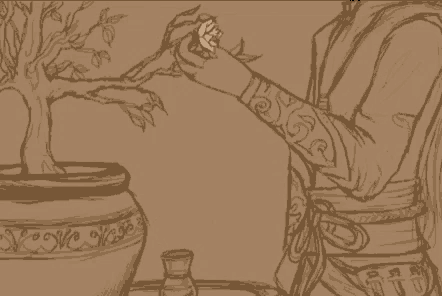 a drawing of a man holding a flower next to a potted plant .