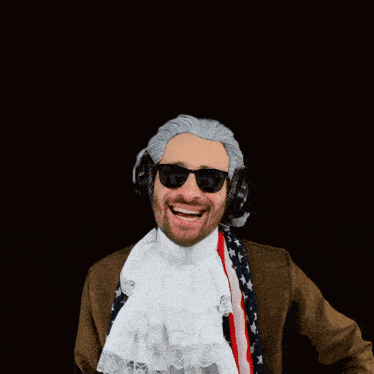 a man wearing a wig and sunglasses has headphones on