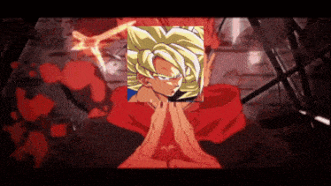 a picture of a person with their hands folded in front of a picture of goku