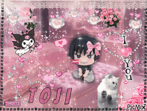 a picture of a girl sitting on a bed with the name toji on it