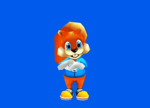 a cartoon squirrel is standing in front of a blue background and looking at the camera .