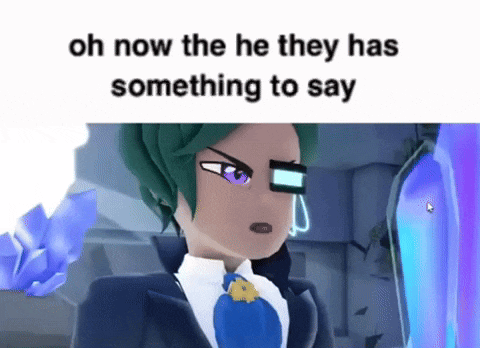 a cartoon character with green hair and purple eyes has something to say