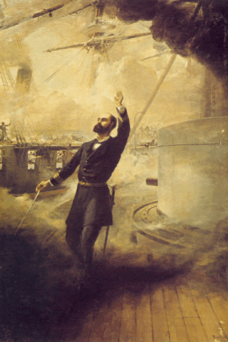 a painting of a man holding a sword in front of a ship that says ' a ' on it