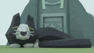 a low poly cat is laying down in front of a building with the letter t on it