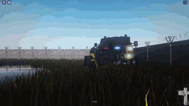 a screenshot of a video game shows a jeep in a field