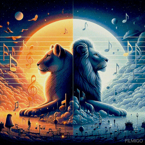 a painting of a lion and a lioness with music notes
