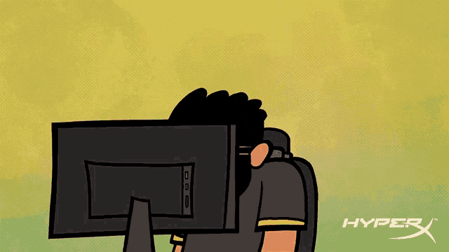 a cartoon of a man giving a thumbs up in front of a computer monitor that says hyper on the bottom