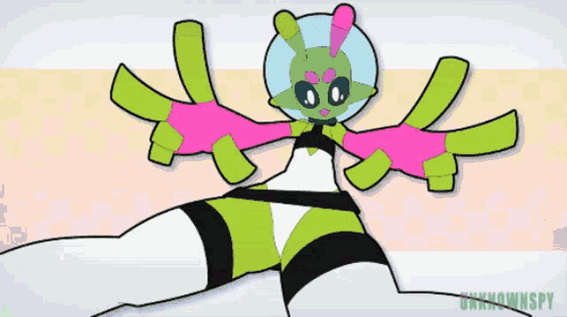 a cartoon drawing of a green alien with pink arms