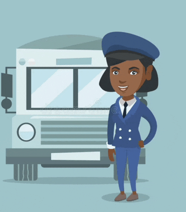 a woman is standing in front of a bus