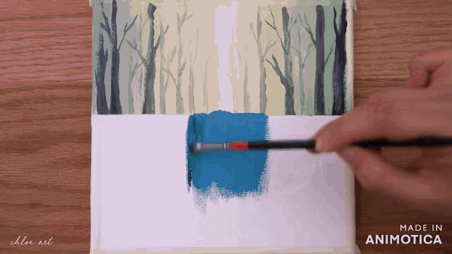 a person is painting a picture of trees and a lake with the words made in animatica on the bottom