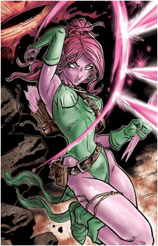 a cartoon of a woman in a green and pink outfit