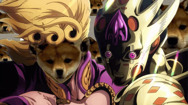 a dog is standing next to a cartoon character with a purple mask