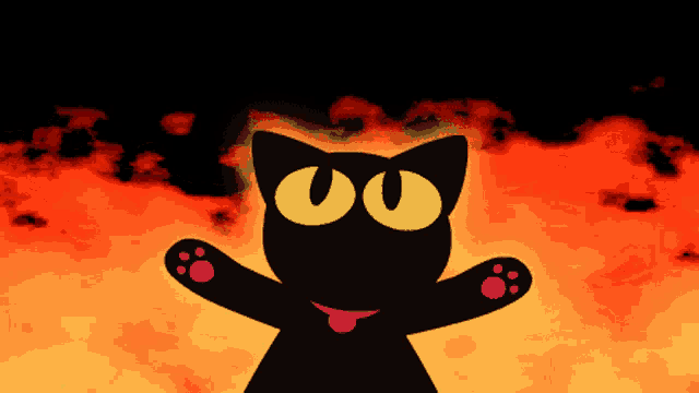 a black cat with green eyes and purple paws is standing in front of a fire background