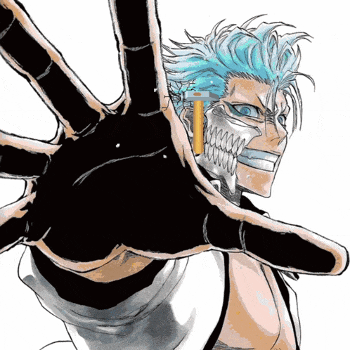 a drawing of a man with blue hair and a skull mask