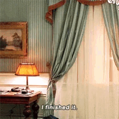 a room with a lamp and curtains and the words " i finished it " on the bottom