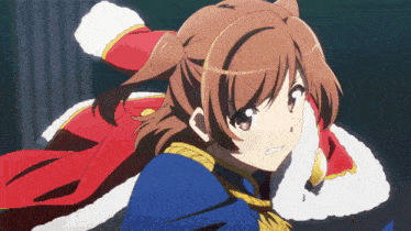 a girl with brown hair and a blue cape is wearing a santa hat