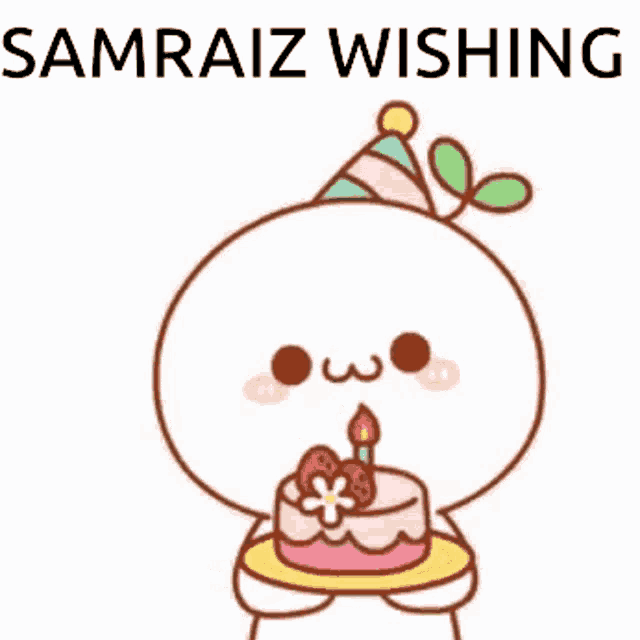 a cartoon character is holding a birthday cake and wearing a party hat .