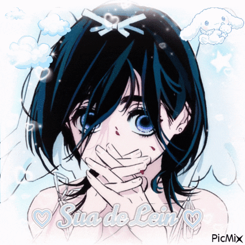 a picture of a girl with blue hair and the words sua de lein on the bottom