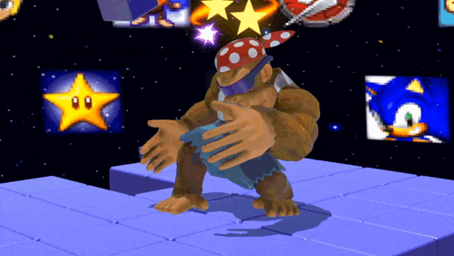 a cartoon gorilla wearing a bandana is standing on a blue block