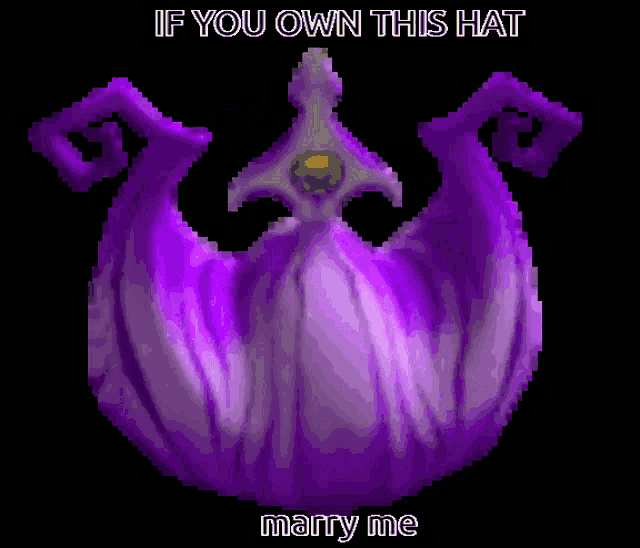 a pixel art of a purple object with the words if you own this hat marry me