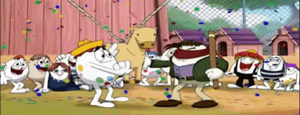a group of cartoon characters are dancing in front of a chain link fence
