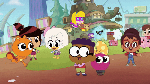 a group of cartoon characters are standing in front of a building that says sheep