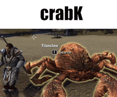 a video game character is standing next to a giant crab that says titanclaw
