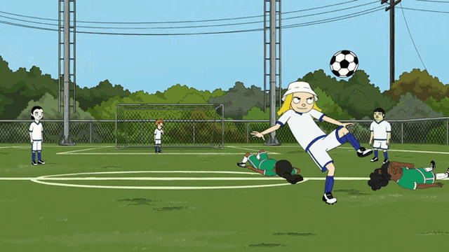 a girl is kicking a soccer ball in a cartoon