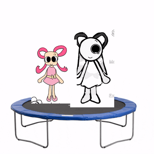 a trampoline with a blue cushion is next to a drawing of a girl with pink hair