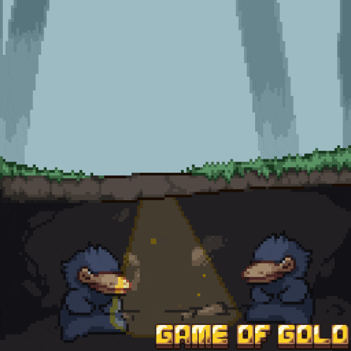 a pixel art of two monkeys in a cave with the words game of gold below them
