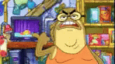 a cartoon character from spongebob squarepants is standing in front of a television .