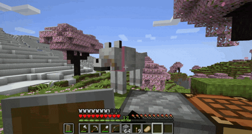 a screenshot of a minecraft game shows a wolf standing in front of a cherry blossom tree