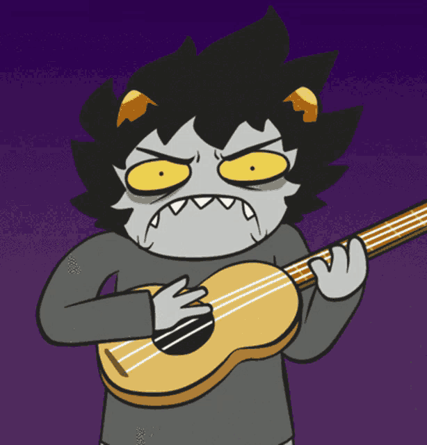 a cartoon character is holding a guitar and making a face