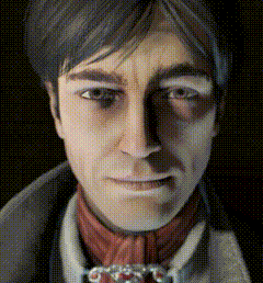 a pixelated image of a man 's face with a red scarf around his neck