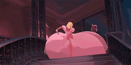 cinderella is wearing a pink dress and holding a wand while dancing on a bridge .